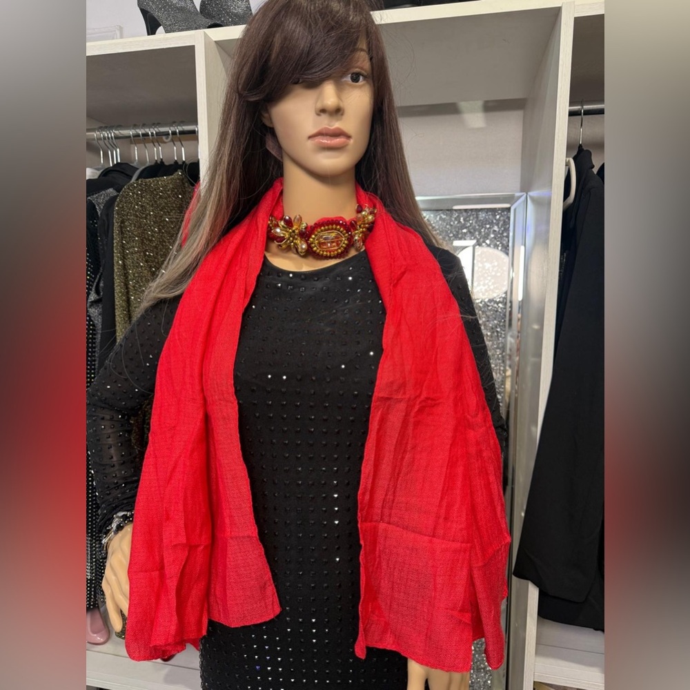 Elegant Red Scarf with Beaded Necklace